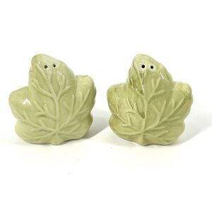 Green Leaf Ceramic Salt And Pepper Shakers Vintage 3” Hand Painted